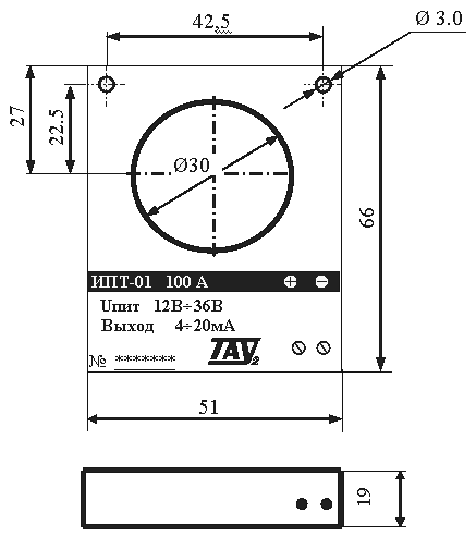 Габаритные  размеры датчика тока ИПТ-01